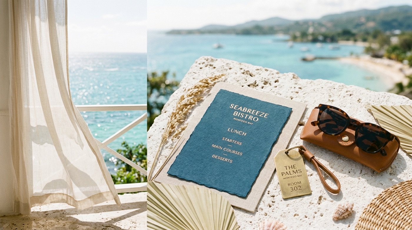 Sun-drenched Caribbean coastal resort menus, brass room key tag, and ocean view in Montego Bay