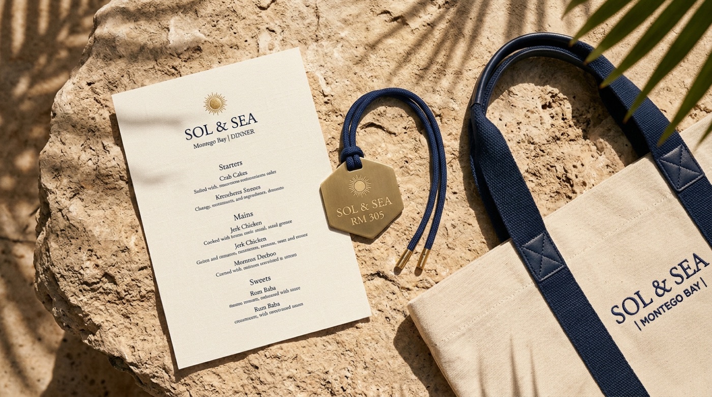 Coastal Minimalist luxury hotel brand kit featuring linen menu, brushed brass room key tag, and canvas tote bag